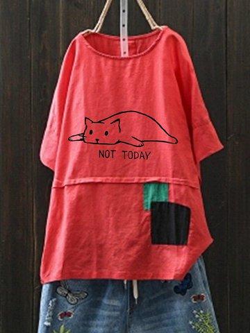 Round Neck Casual Cotton-Blend Shirts & Tops