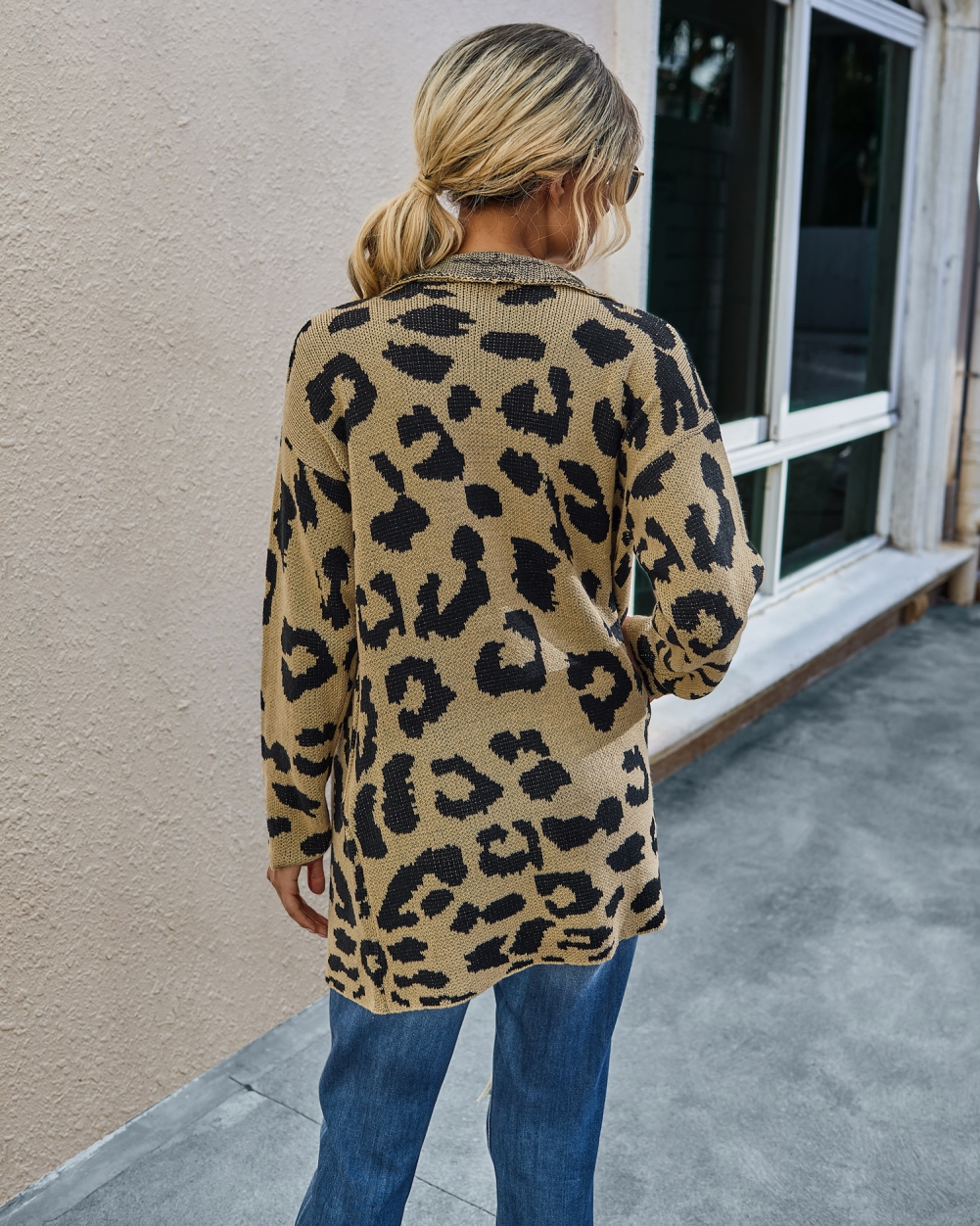 Falls Turndown Collar Irregular Leopard Cardigans