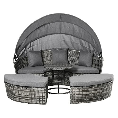 Outsunny 4 Pieces Patio PE Wicker Lounge Set, Outdoor Rattan Garden Conversation Furniture Set, Round Sofa Bed with Cannopy, Cushioned, Adjustable Coffee Table, Grey