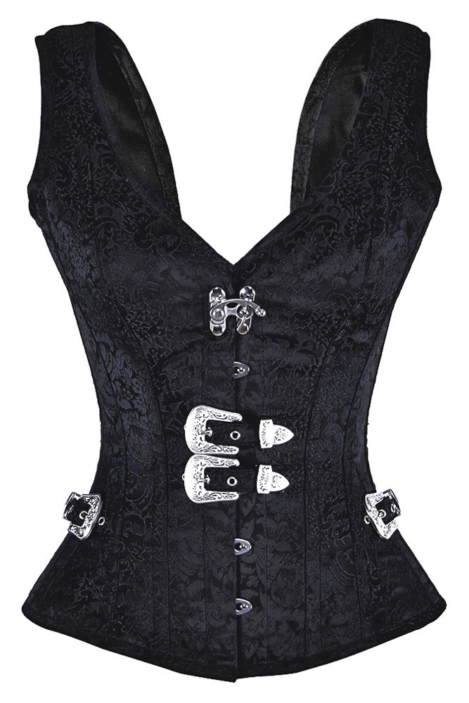 Black 12 Steel Bone Brocade Vested Corset