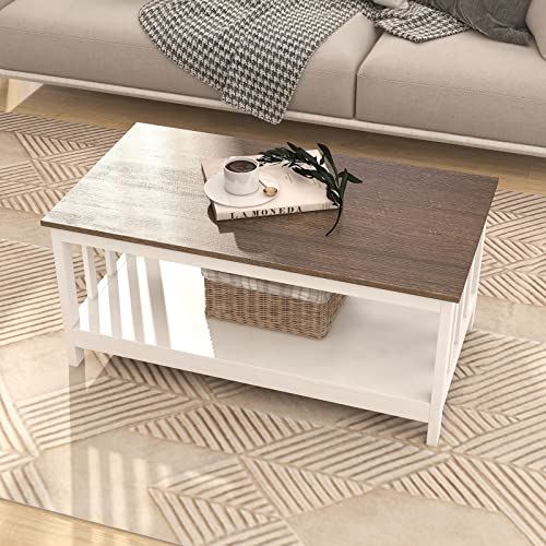 ChooChoo White Coffee Table, Farmhouse Living Room Table with Shelf / 40 Inch