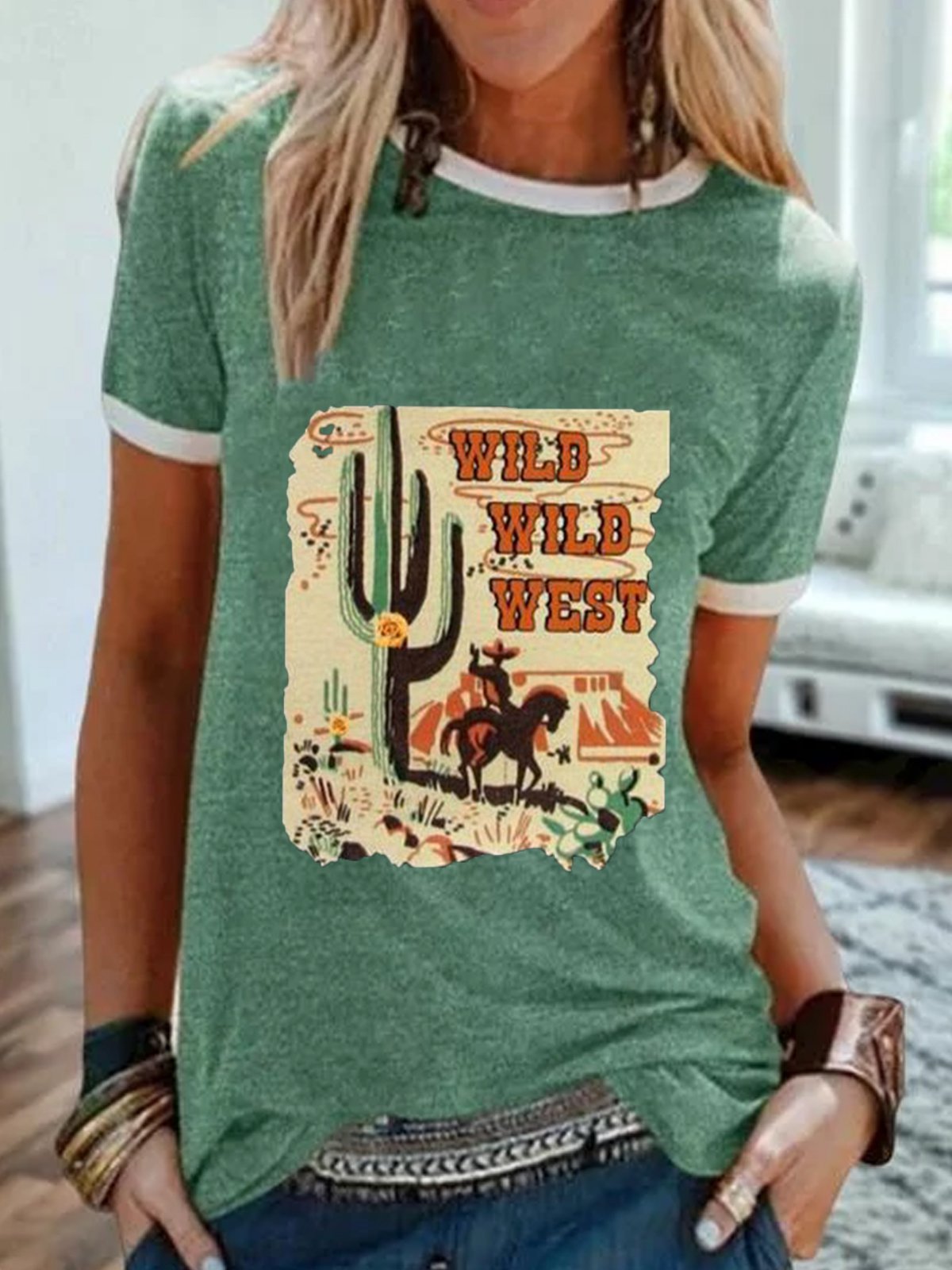 Green Round Neck Holiday Patchwork Cotton-Blend Shirts & Tops