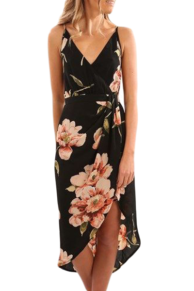 Deep V Neck Floral Print Boho Dress in Black