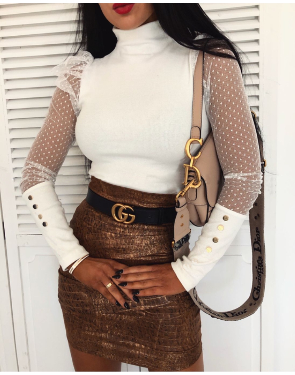 White High Neck Basic Top with Polka Mesh Sleeves