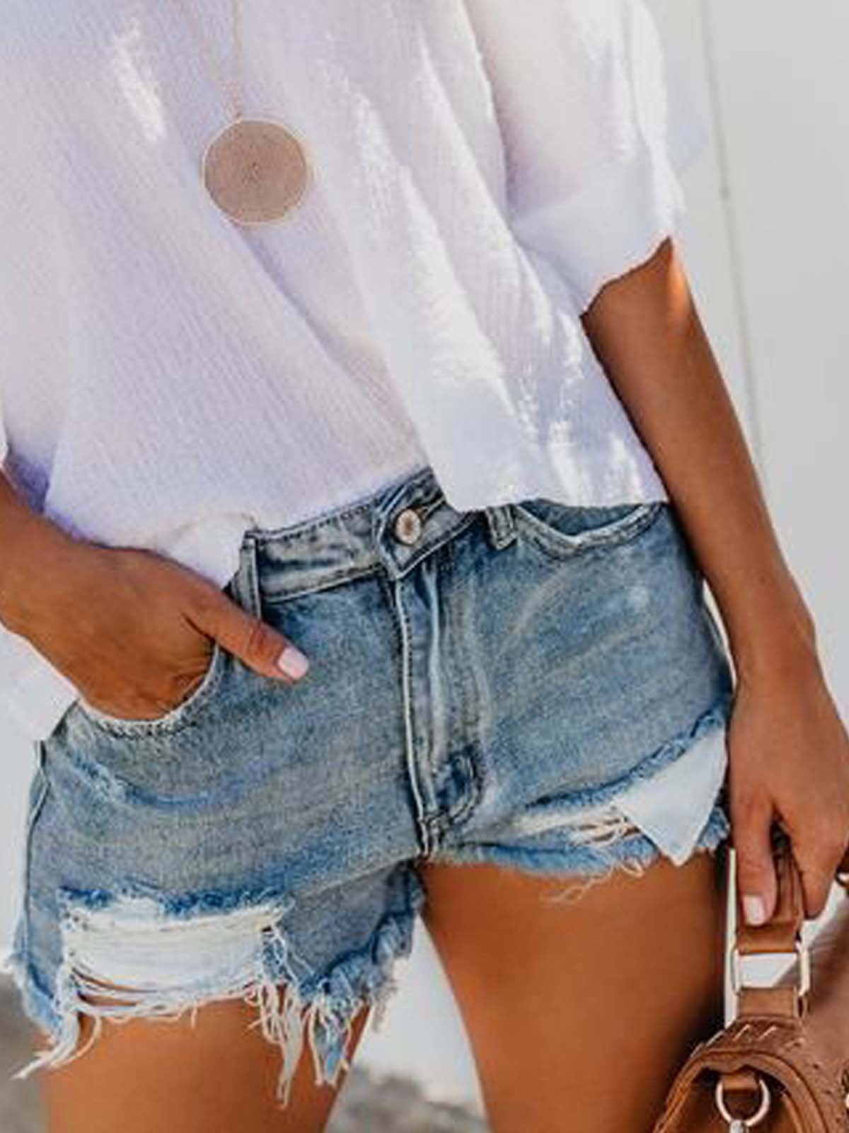 White V Neck Plain Casual Cotton Shirts & Tops