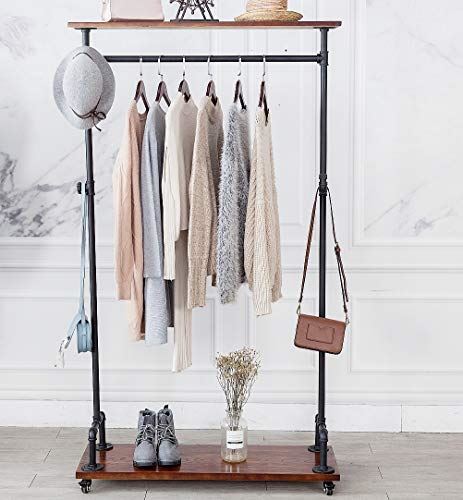 Industrial Pipe Clothing Rack on Wheels with Wood Shelves/Two Tiers