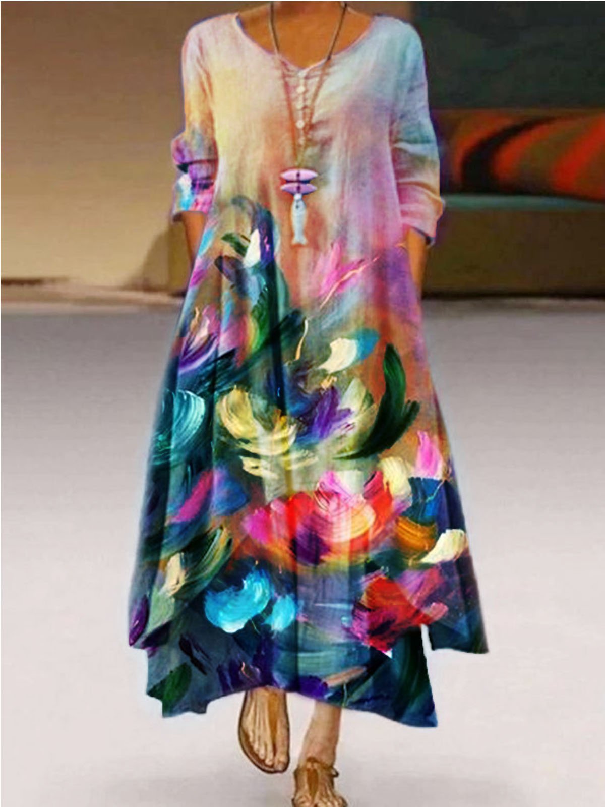 Casual 3/4 Sleeve Printed Dresses