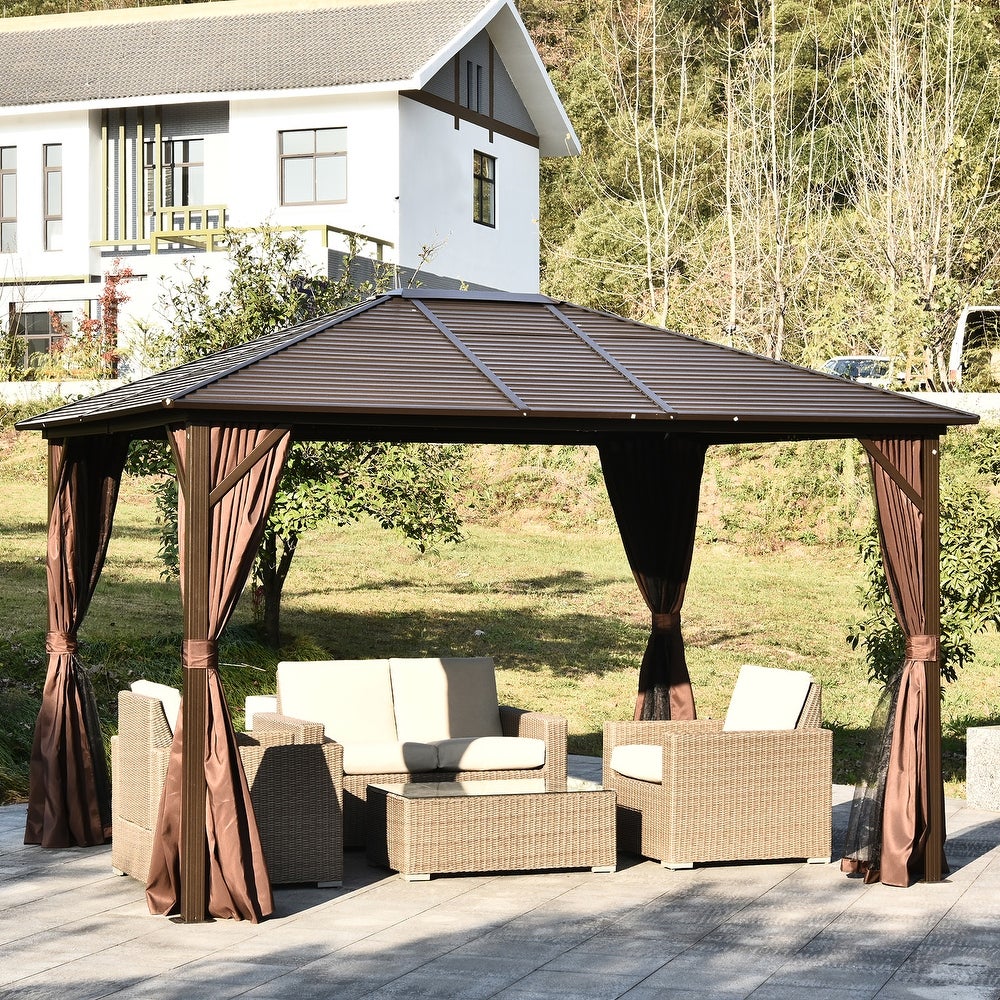 Outsunny 12' x 10' Outdoor Hardtop Canopy Patio Gazebo with Steel Roof, Aluminum Frame, Fully Enclosed Zippered Curtains
