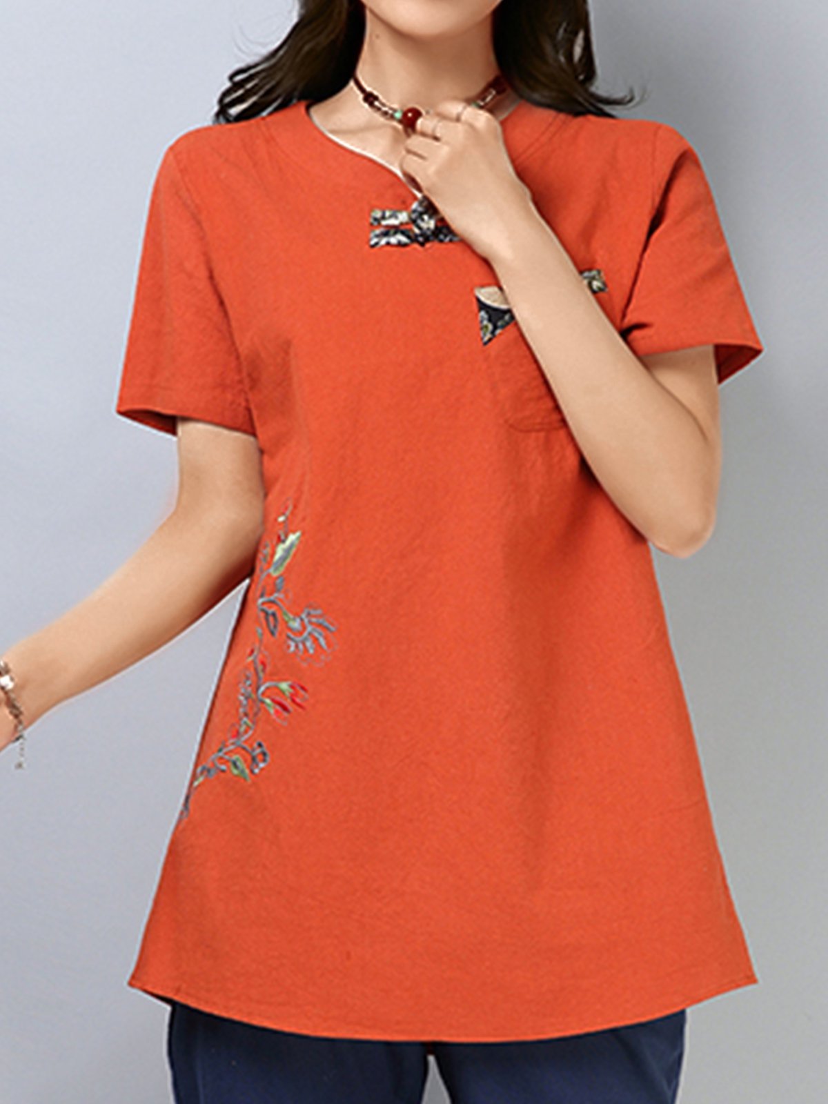 Plus Size Women Short Sleeve V Neck Vintage Floral Casual Tops