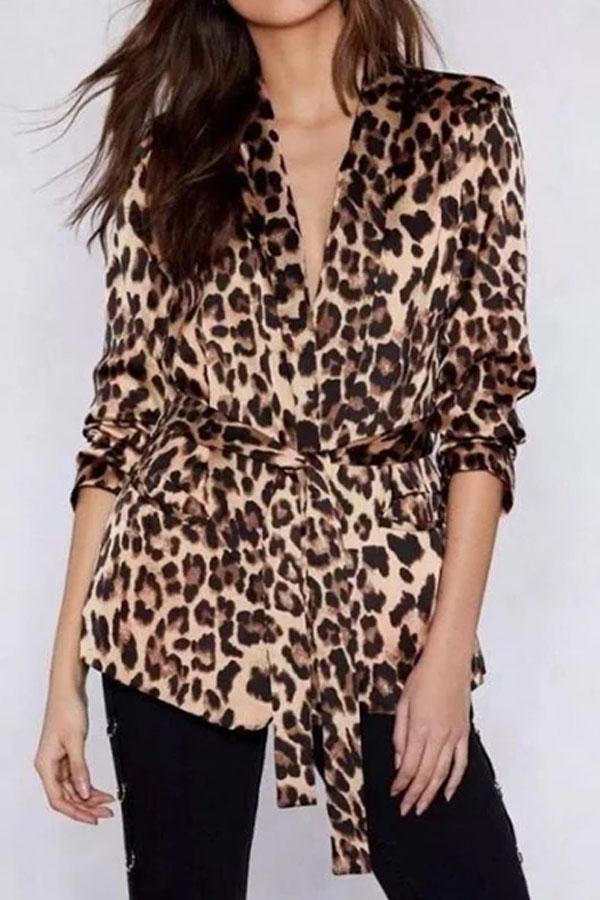 Fashion Leopard Print Long Sleeve Belt Coat