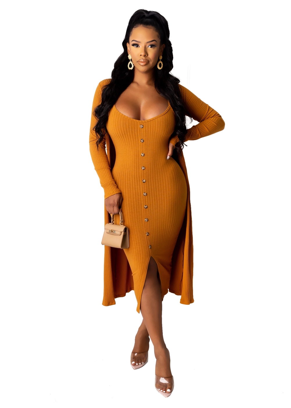 Solid Color Two Piece Dress with Matching Cardigans
