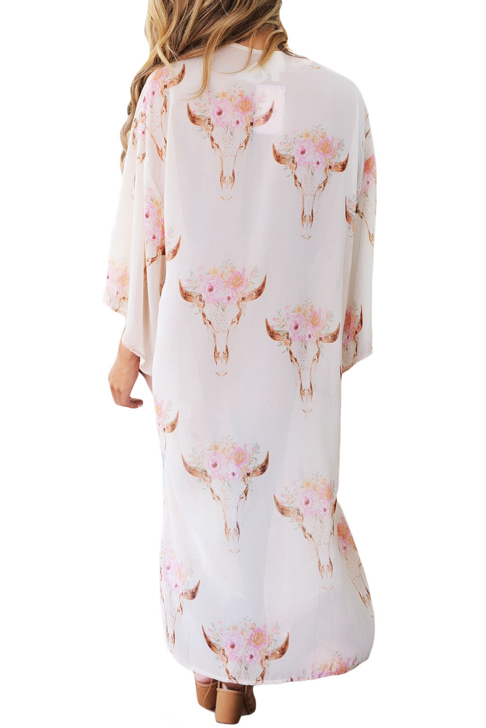 White Floral Side Slit Boho Kimono