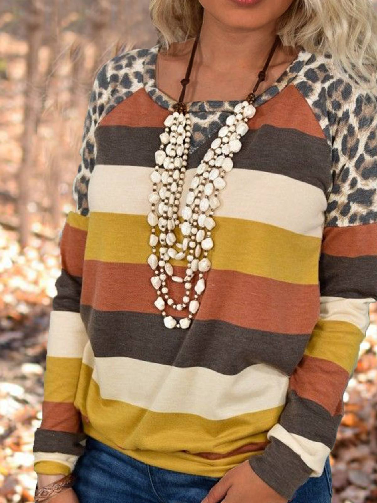 Multicolor Leopard Crew Neck Casual Shirts & Tops
