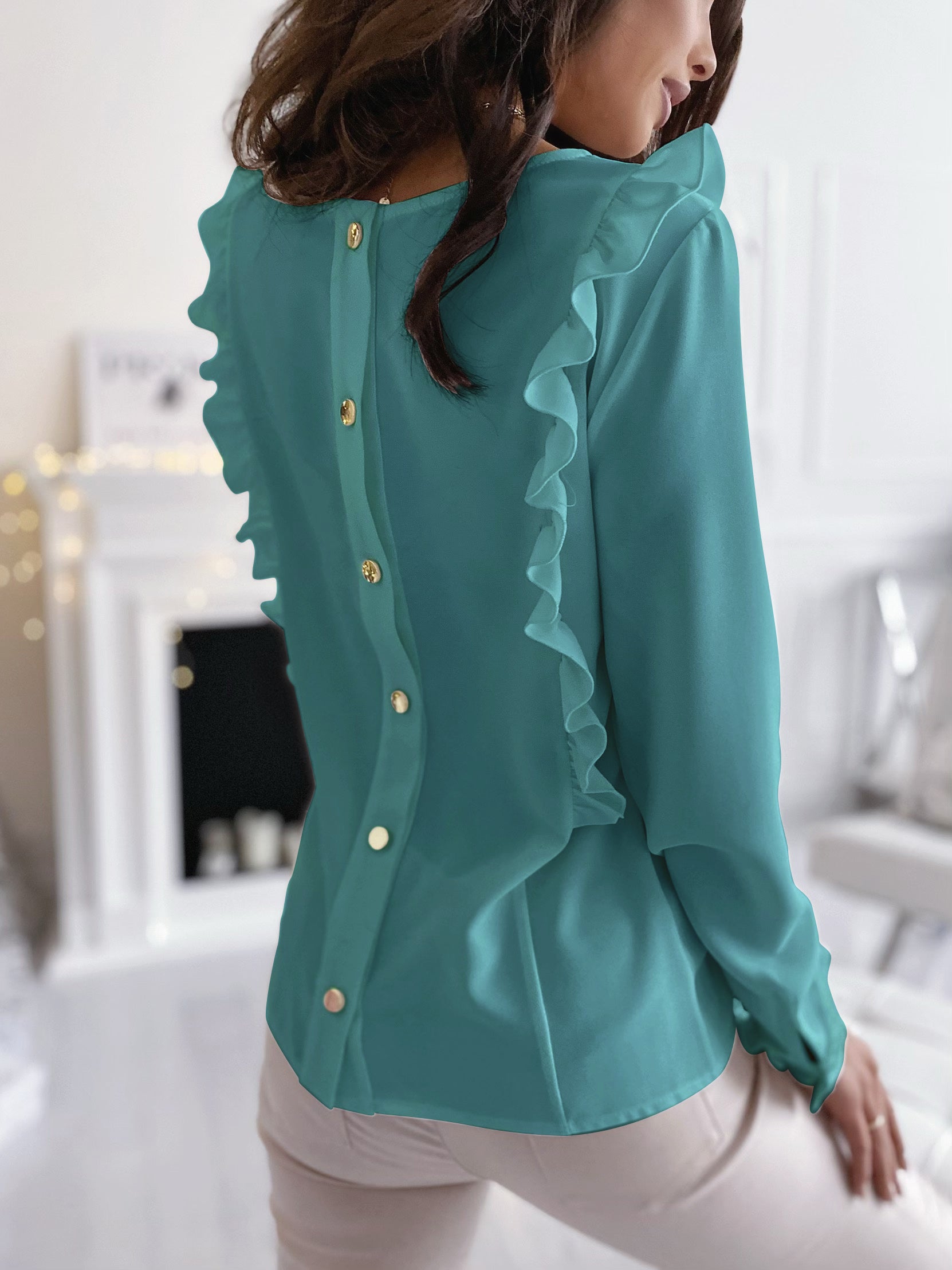 Autumn Solid Plain Back Button Up Ruffle Blouse