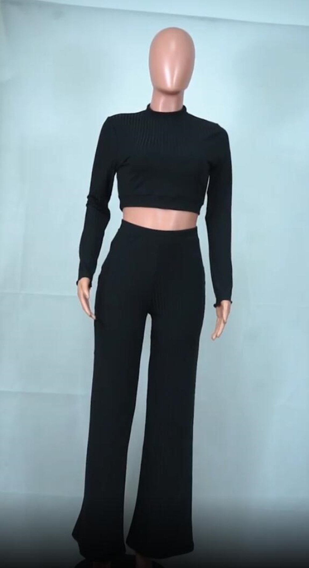 Matching 2PC Plain Knitted Crop Top and Pants Set