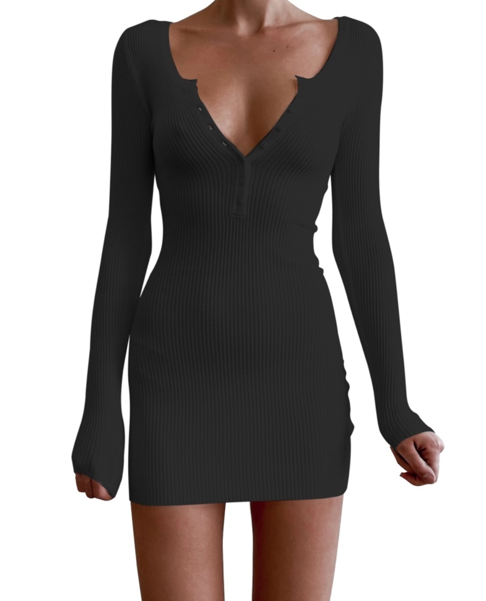 Black Button Up Knitted Mini Dress with Full Sleeves