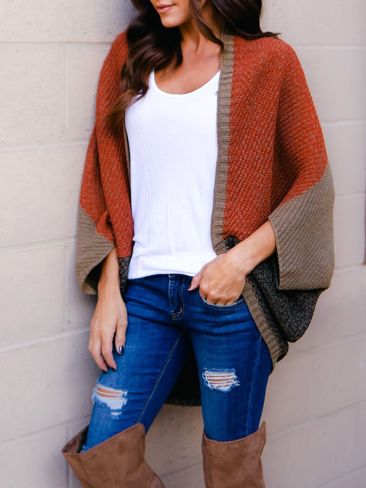 Color-block Casual Batwing Cardigan