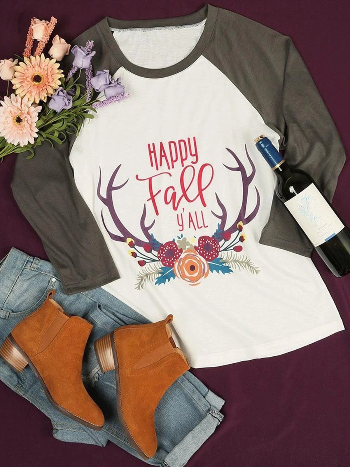 White Vintage Long Sleeve Crew Neck Cotton-Blend Shirts & Tops