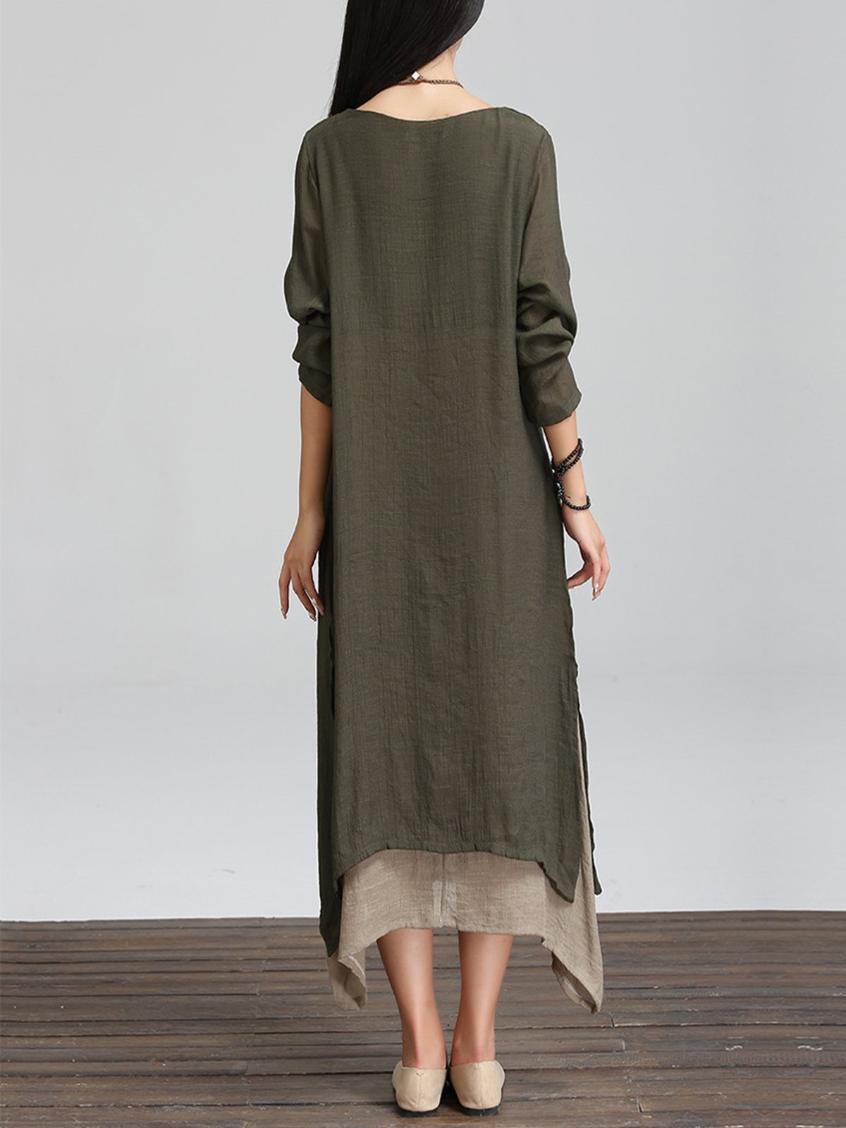 Long Sleeve Linen Cotton Crew Neck Casual Plus Size Dress