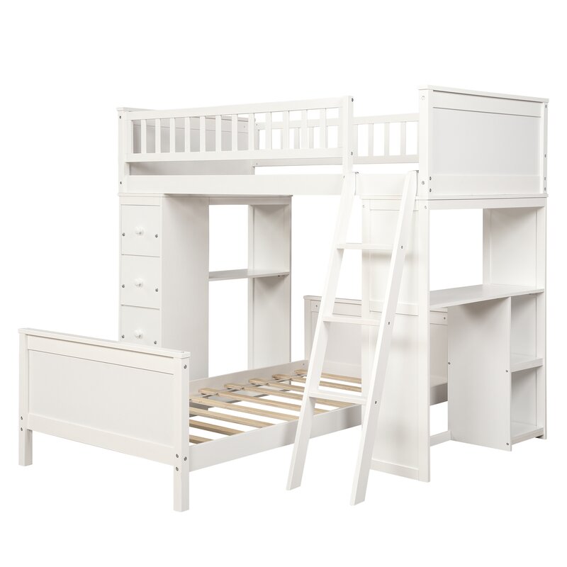 Ethaniel Twin Over Twin 4 Drawer Solid Wood L-Shaped Bunk Beds with Bookcase by Harriet Bee