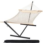 SUNCREAT Double Outdoor Hammock with Stand Included, Portable Cotton Rope 2 Person Hammock for Outdoor, Patio, Garden, Backyard, Beige