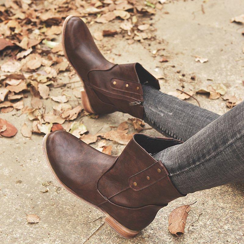 Low Heel Rivet Vintage Pu Mid-Calf Zipper Boots