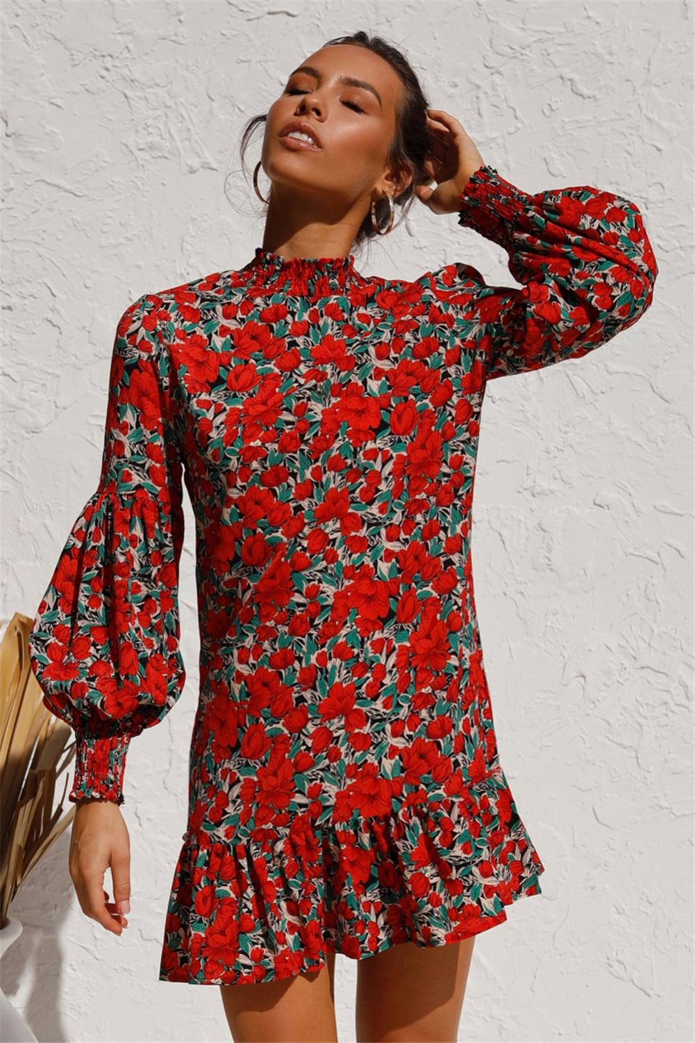 Fall Floral Ruffle Short Dress with Pop Sleeves