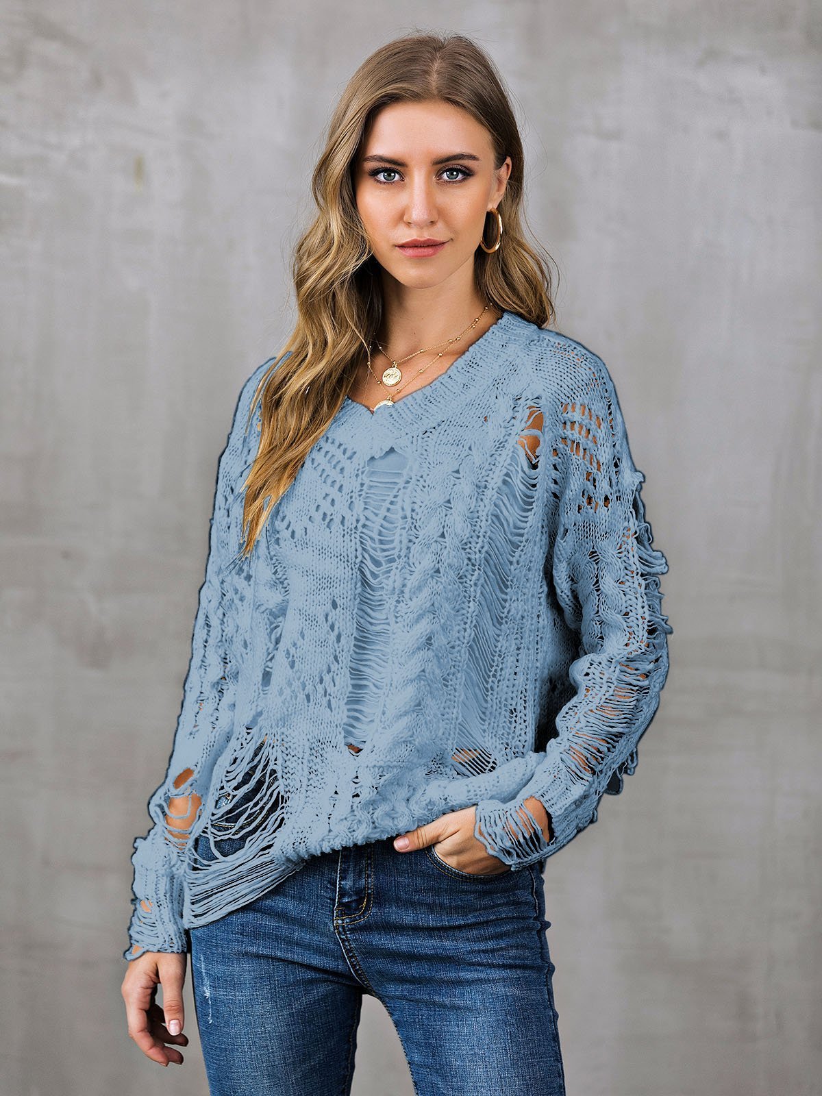 V Neck Casual Long Sleeve Ripped Sweaters