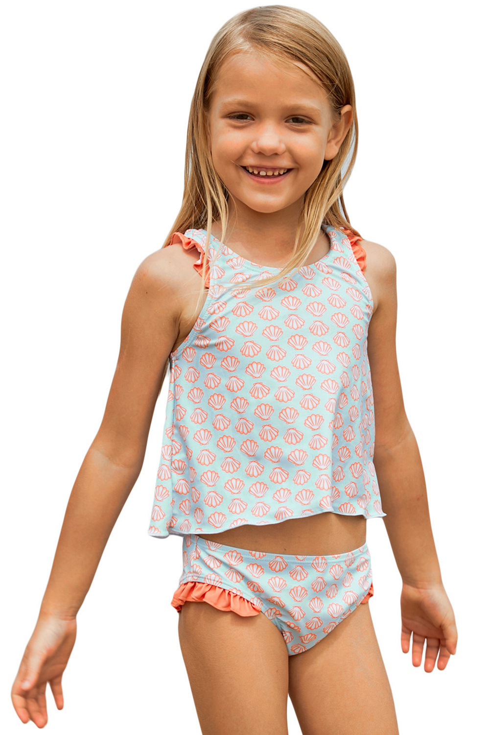 Light Blue Little Girls Tankini with Salmon Print