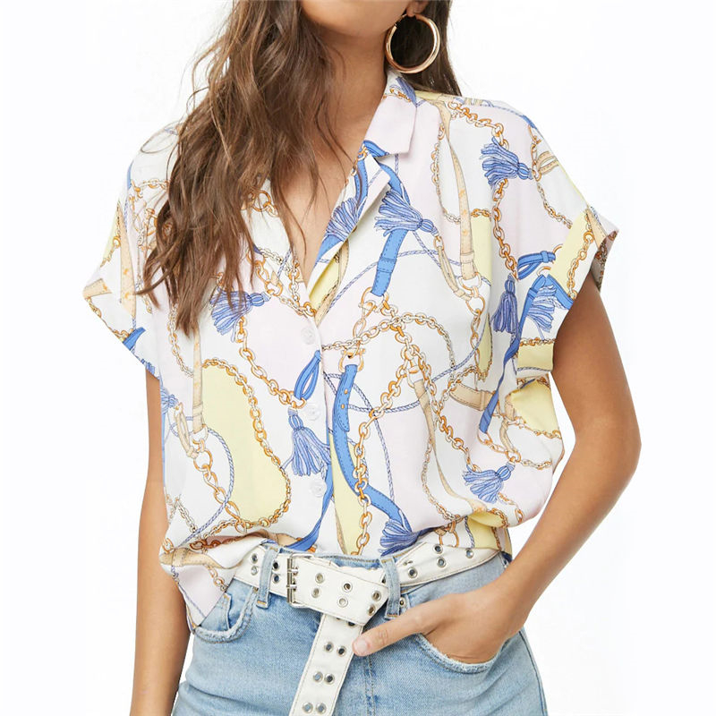 Women Summer Blouse 2019 Chain Print Batwing Short Sleeve Chiffon Blouse Turn Down Collar Ladies Office Shirt Casual Loose Tops
