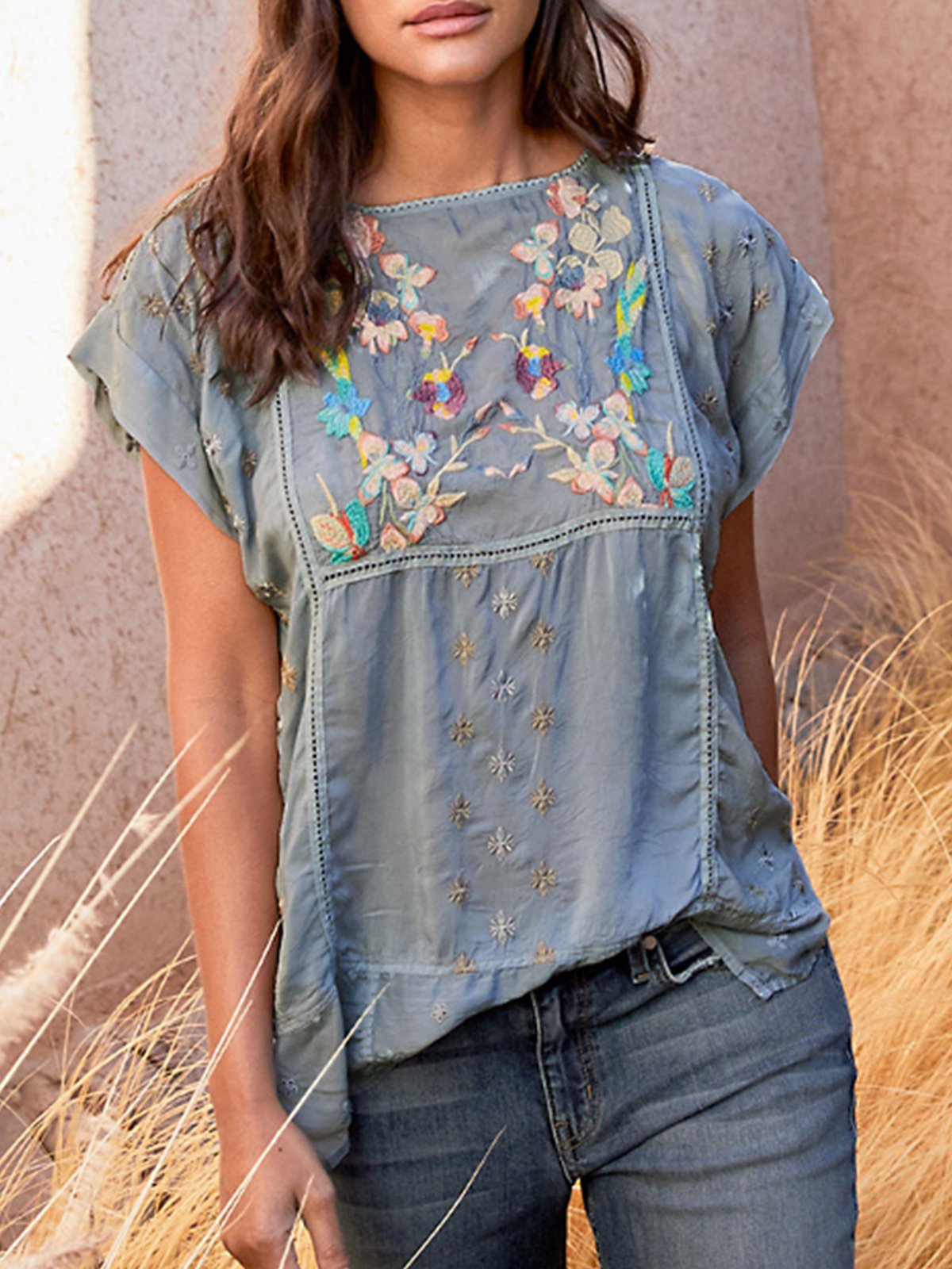 Gray Blue Short Sleeve Cotton-Blend Shirts & Tops