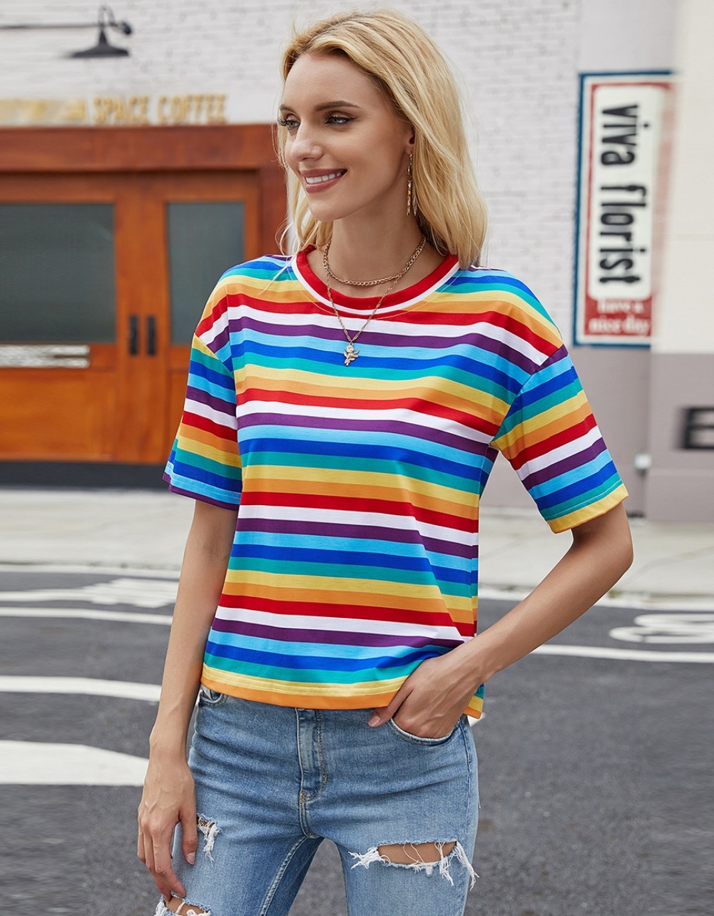 Summer Colorful Stripes Round Neck Shirt