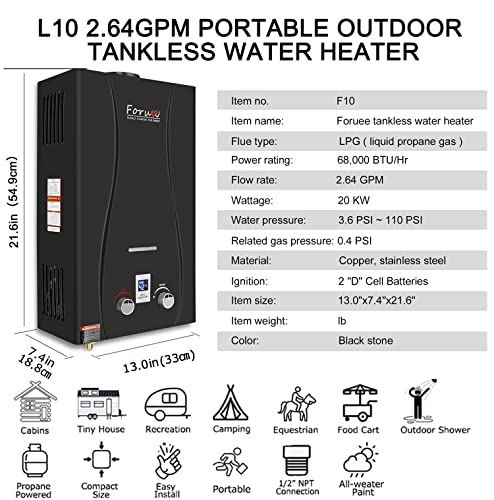 Tankless Water Heater Propane Shower, 2.64GPM/10Litre Capacity, 6-IN-1
