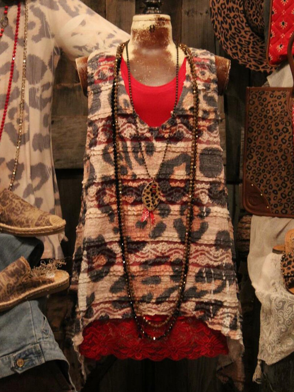 Leopard Floral-Print Boho Sleeveless Shirts & Tops