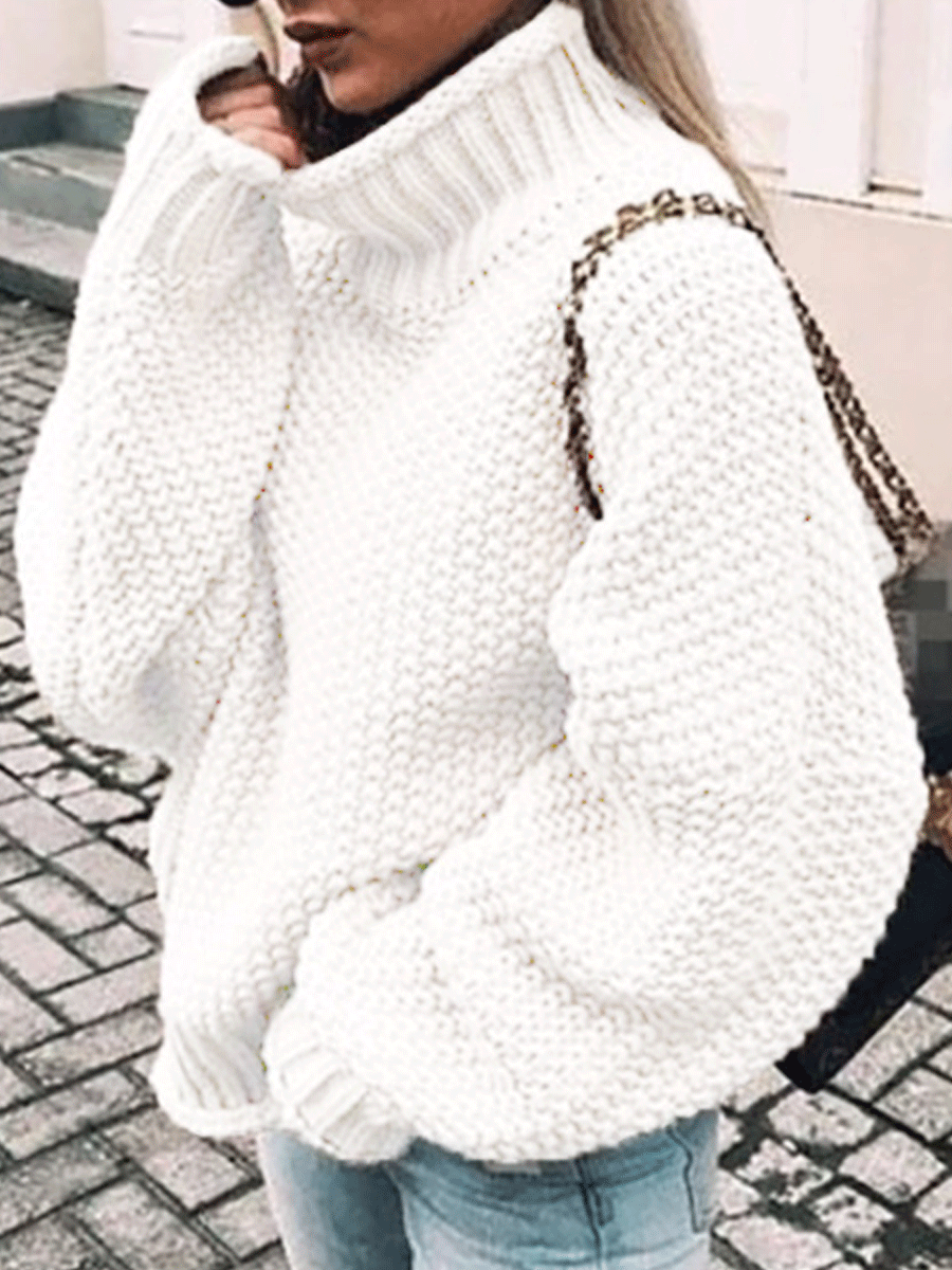 Female Roll Side High Collar Bat Sleeve Sweater