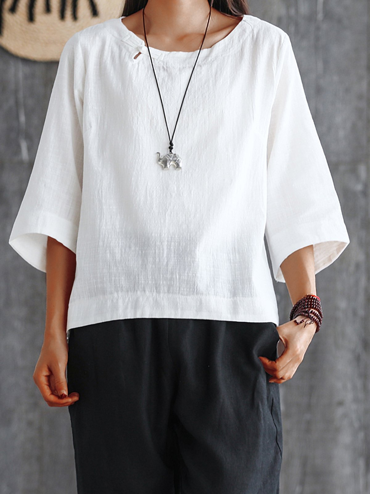 Plus Size Women Half  Sleeve  Round Neck  Solid   Casual  Tops