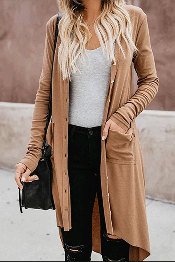 Casual Long Sleeve Pure Color High-Low Cardigan