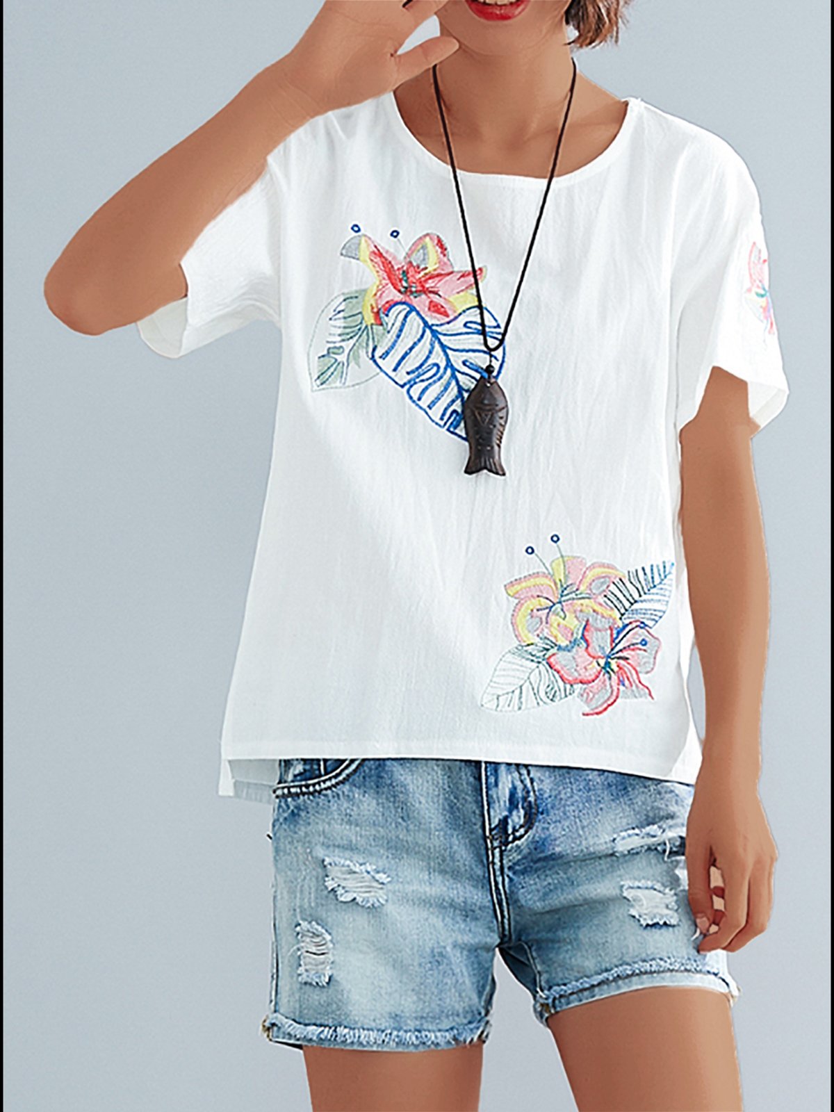 Plus Size  Cotton And Linen Embroidered Solid  Loose  Casual   Top