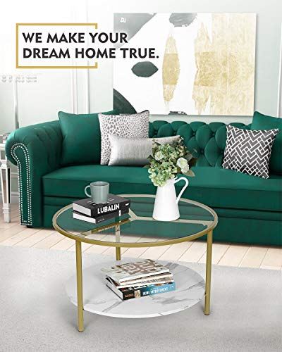 Modern Round Coffee Table Tempered Glass Accent w/ Unique Gold Metal Frame