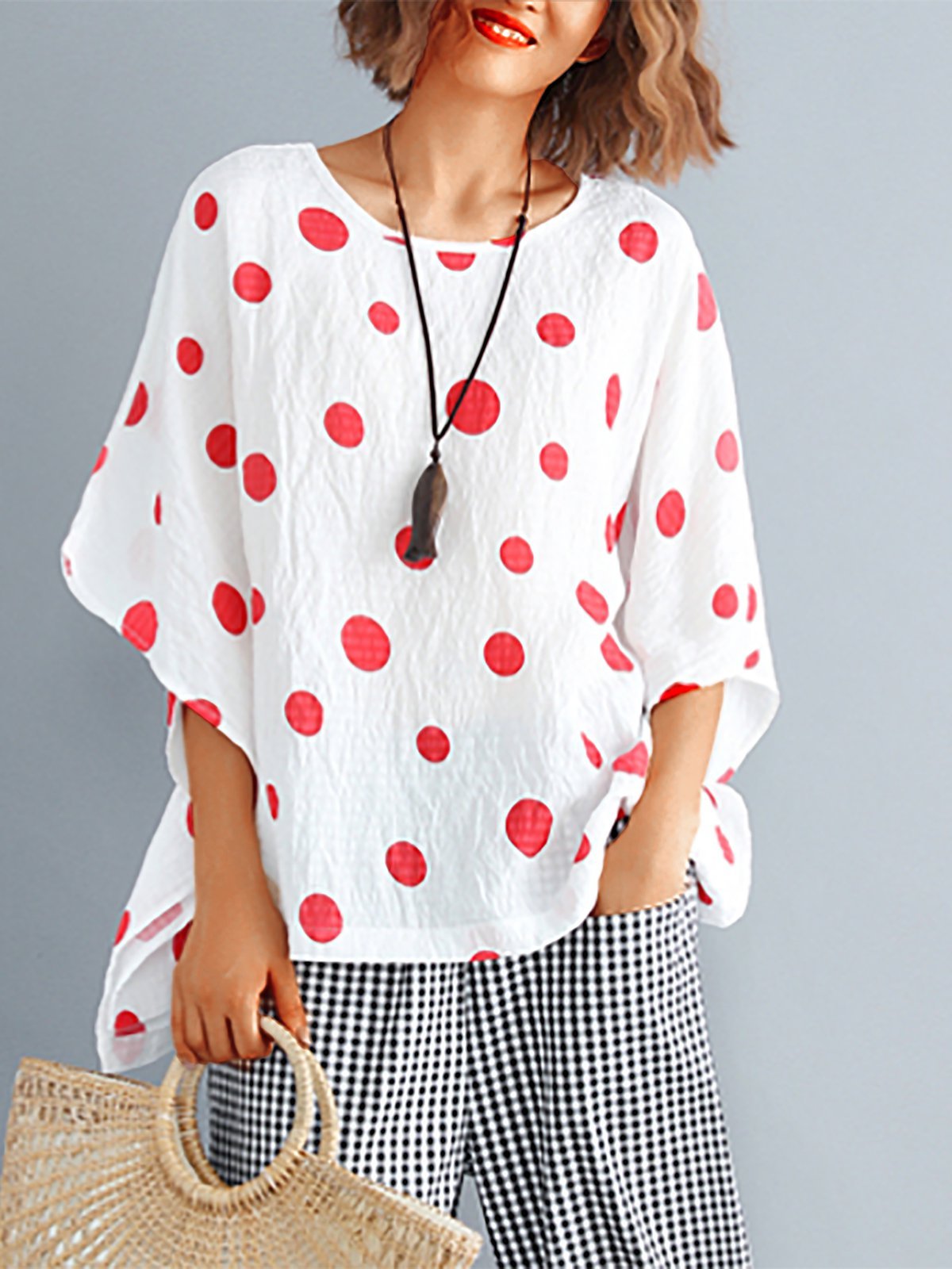 Plus Size Women Bat Sleeves Round Neck Cotton And Linen Polka Dots Loose Casual Tops