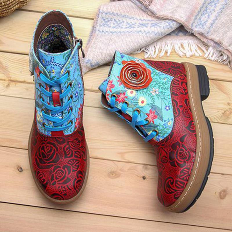 Ethnic style flower flat with zipper boots