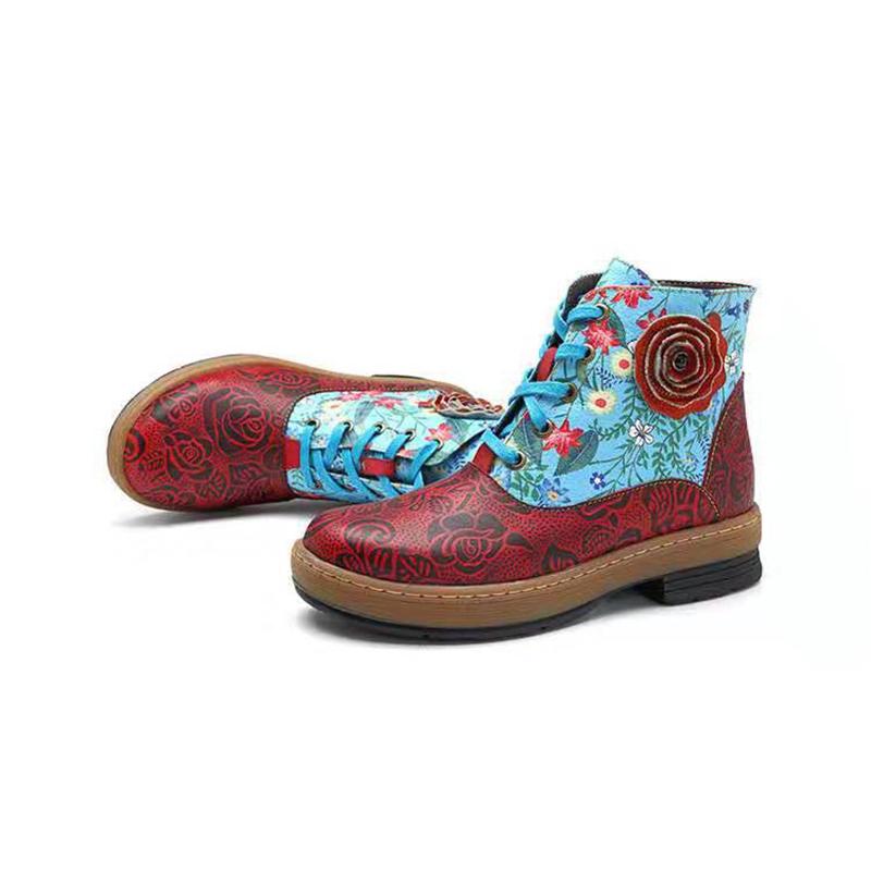 Ethnic style flower flat with zipper boots