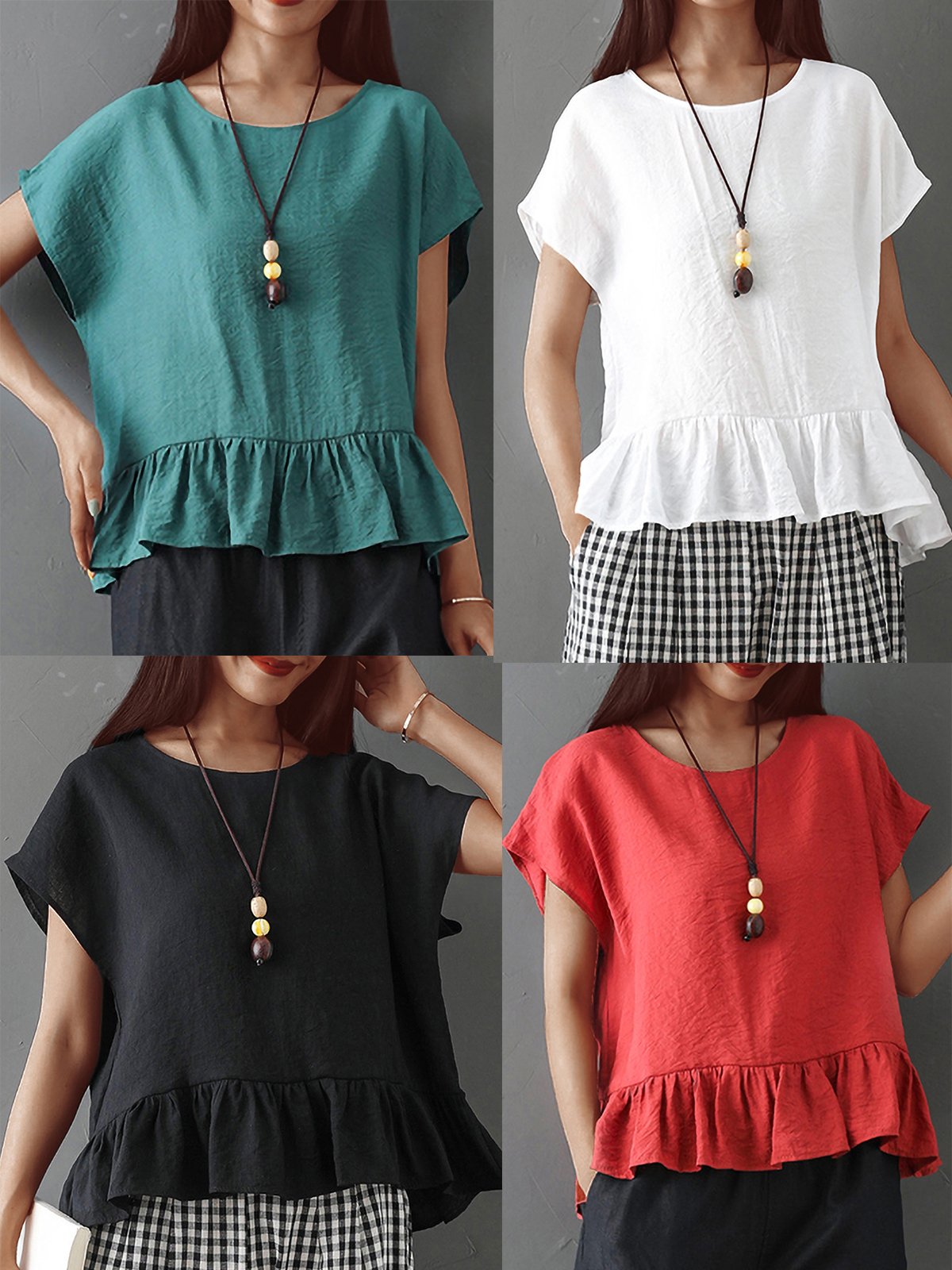 Plus Size Women Stitching Solid  Bat Sleeves Loose Cotton And Linen Casual Tops