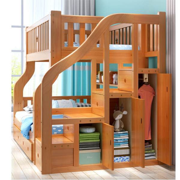 Children's bunk bed with rails and ladder, wooden, double bed