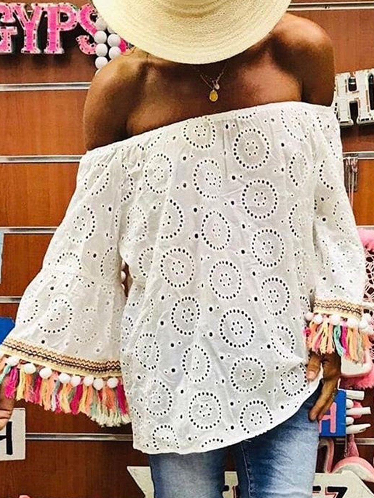 Women Casual Tassels Cutout Blouse Shirt Tops Tunic