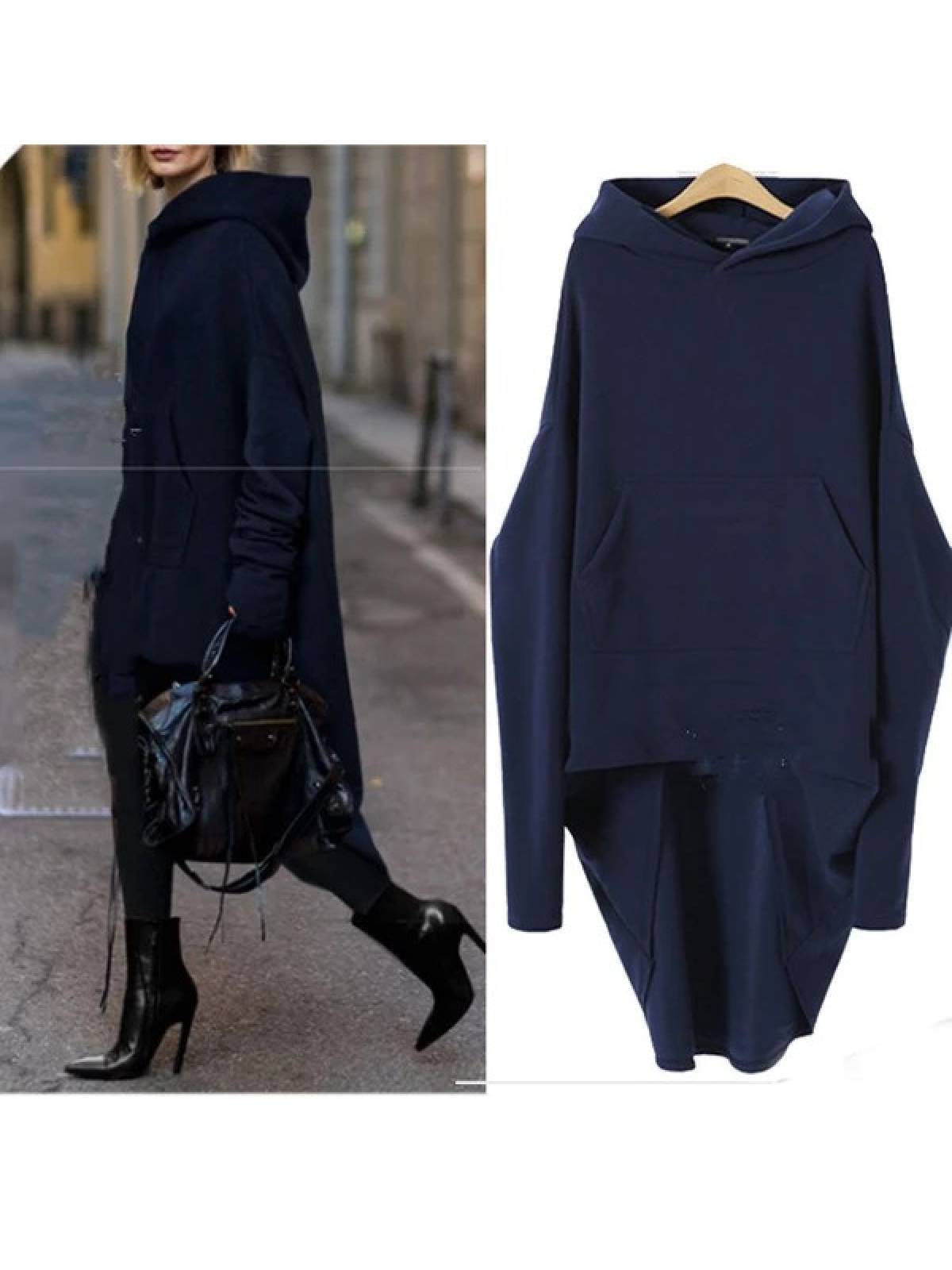 Thickened Asymmetrical Long Sleeve Hoody With Cap