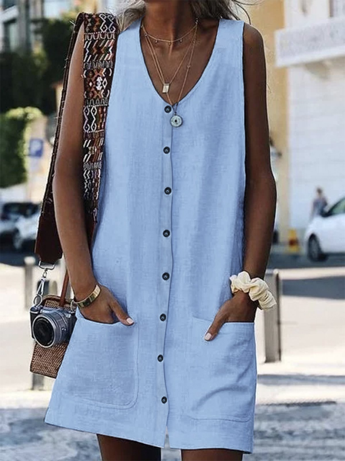 Buttoned Pockets Plain Crew Neck Shift Daily Casual Dresses