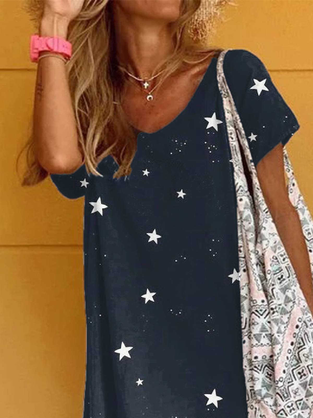 Deep Blue Casual Floral-Print V Neck Short Sleeve Dresses