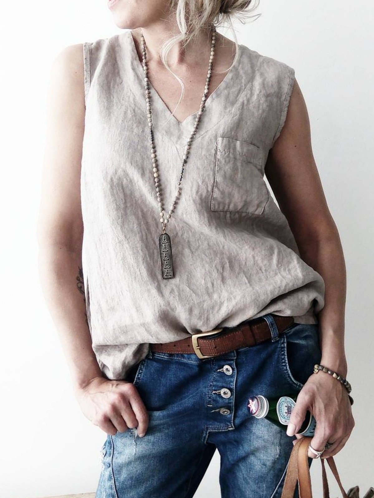 Solid Sleeveless V Neck Shirts & Tops