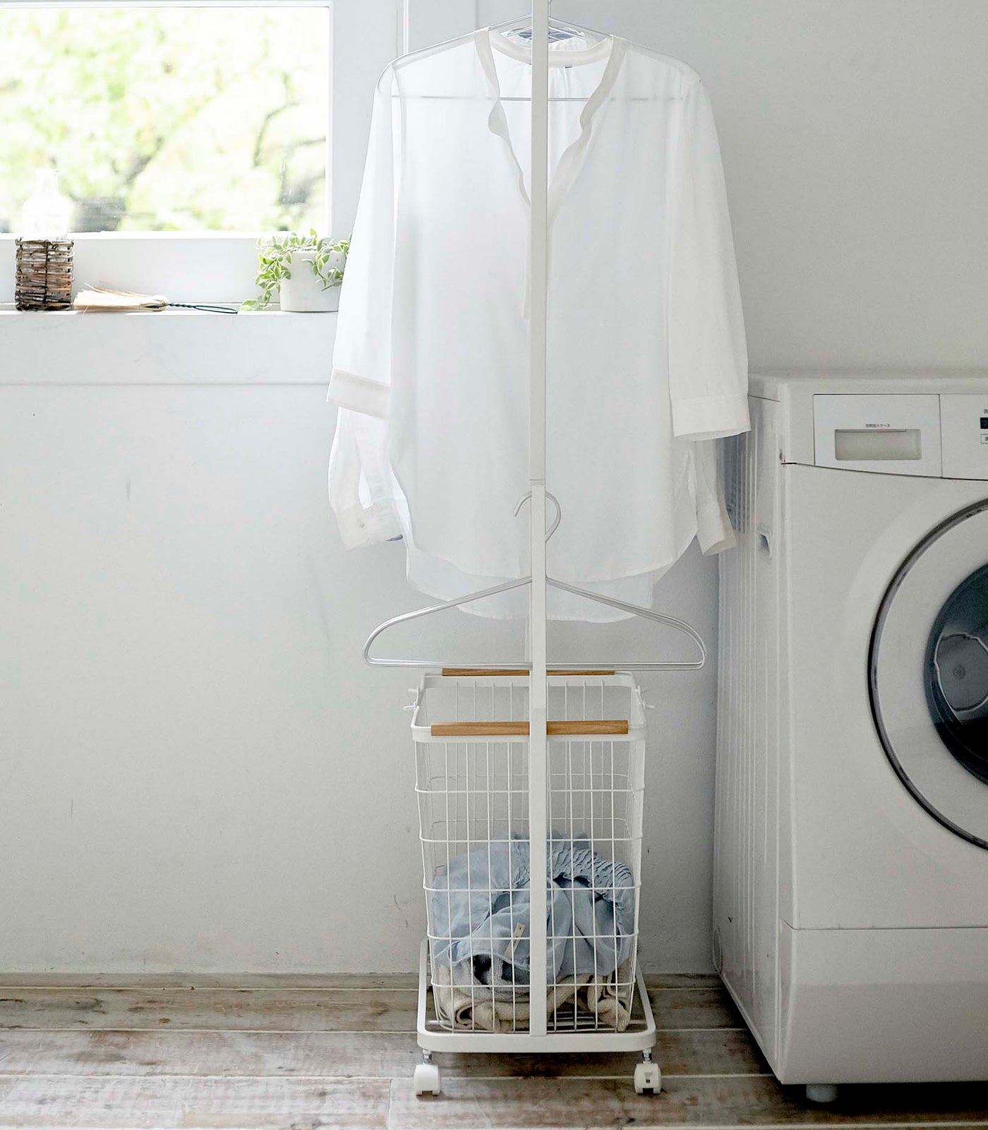 Rolling Laundry Cart + Wire Basket – Steel + Wood